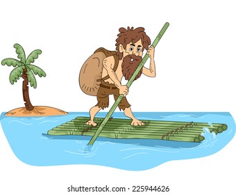 Illustration Featuring a Male Castaway Maneuvering a Bamboo Raft