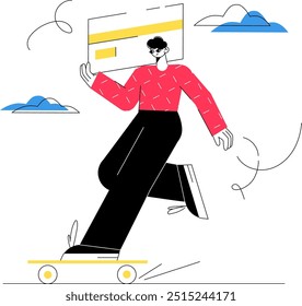 Illustration featuring a male character riding a skateboard while holding a large credit card, symbolizing the concept of online payments, digital transactions, and financial freedom.