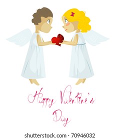 Illustration Featuring a Male and Female Cupid Sitting Across Each Other