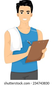 Illustration Featuring a Male Fitness Trainer Holding a Clipboard