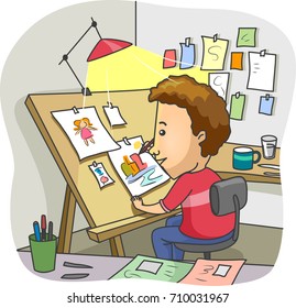 Ilustración con un ilustrador masculino trabajando desde su estudio en casa