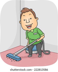 Illustration mit einem Mann, der den Teppich säubert