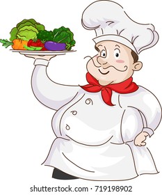 Illustration Featuring a Man Dressed as a Chef Carrying a Platter Full of Fresh Fruits and Vegetables