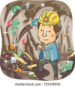 Ilustración que muestra a un hombre vestido de minero usando un hacha de selección para desenterrar cristales coloridos