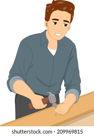 Illustration Featuring a Man Driving a Nail Through Wood