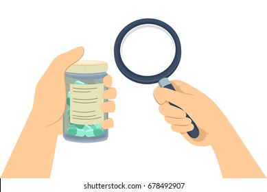 Illustration Featuring a Man Examining a Medicine Bottle With a Magnifying Glass