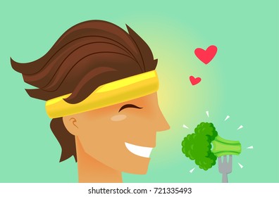 Illustration Featuring a Man in a Headband Happily Snacking on Broccoli