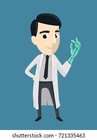 Illustration Featuring a Man in a Laboratory Coat Showing His Artificial Arm