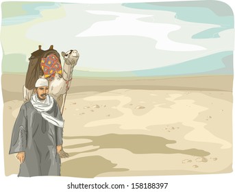 Illustration mit einem Mann, der ein Kamel in der Wüste führt