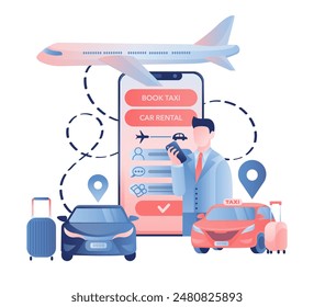 Illustration featuring man with phone and mobile app for car rental or taxi in the airport. Taxi service onboarding app screen concept. Car rental application. Vector illustration.