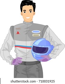 Illustration Featuring a Man in a Racing Suit With a Helmet Tucked Under His Arm Posing for the Camera