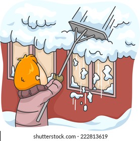 Illustration mit einem Mann, der Schnee von seiner Dachdecke wirbelt