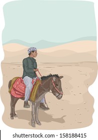 Illustration Featuring a Man Riding a Donkey in the Desert