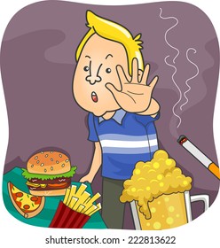 Illustration Featuring a Man Saying No to Unhealthy Food and Common Vices