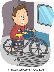 Illustration Featuring a Man Securing His Bicycle on One of the Bicycle Racks in a Train