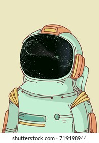 Illustration Featuring a Man in a Spacesuit With the Galaxy Reflected on the Visor of His Helmet