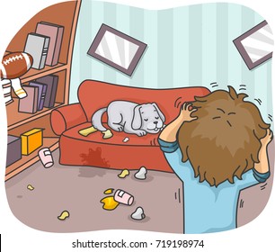 Illustration Featuring A Man Tearing His Hair Apart In Frustration After His Pet Made A Huge Mess