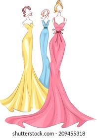 Illustration Featuring Mannequins Wearing Colorful Gowns