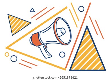 Ilustración con un megáfono rodeado de Formas geométricas en naranja, amarillo y azul sobre un fondo blanco. La composición incluye triángulos, líneas y círculos.