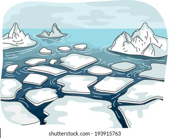 Illustration Featuring Melted Glaciers Drifting in the Middle of the Sea