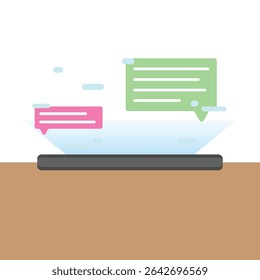 an illustration featuring a mobile phone or tablet with chat bubbles floating above it, representing communication or messaging. chat bubbles flat design. online communication