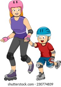 Illustration Featuring a Mom Teaching His Son to Inline Skate