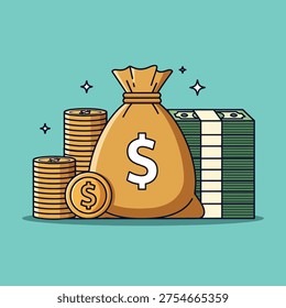 An illustration featuring a money bag, stacks of coins, and bundles of banknotes, symbolizing wealth and financial assets.