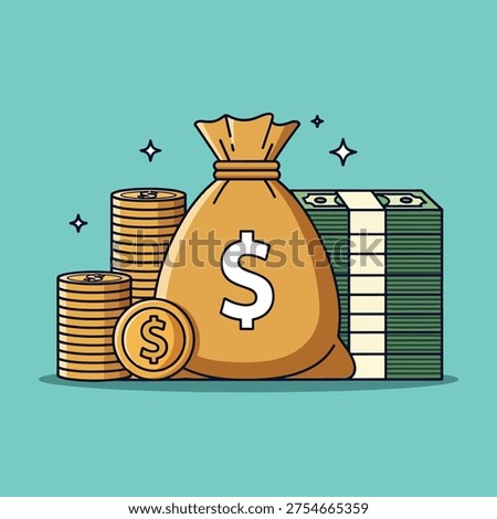 An illustration featuring a money bag, stacks of coins, and bundles of banknotes, symbolizing wealth and financial assets.
