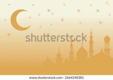Illustration featuring mosque domes and minarets under a crescent moon surrounded by stars, symbolizing Islamic culture, spirituality, and Ramadan.