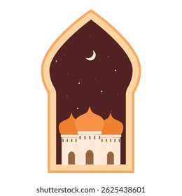 Illustration featuring a mosque viewed through an ornamented window, set against a starry night sky with a crescent moon
