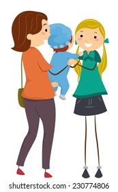 Illustration Featuring a Mother Handing Her Baby to a Babysitter