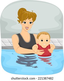 Illustration Featuring a Mother and Her Son Taking a Swim