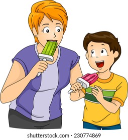 Illustration Featuring a Mother and Son Eating Popsicles