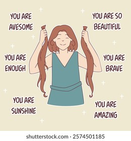 Illustration featuring motivational compliments like "You are awesome" and "You are brave," surrounding a confident woman. A positive design for World Compliment Day