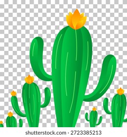Ilustração com vários cactos verdes com flores amarelo-alaranjadas brilhantes, de pé sobre um fundo transparente, evocando uma sensação de deserto ou paisagem árida.