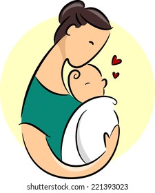 Illustration Featuring a New Mother Cradling Her Baby