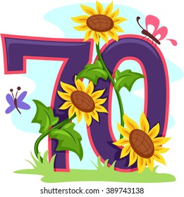 Ilustración con el número 70 decorado con girasoles