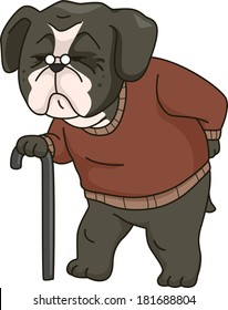 Illustration Featuring an Old Dog Walking Around Supported by a Cane