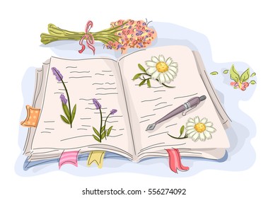 Illustration Featuring an Open Book with Dried Flowers Pressed Against its Pages