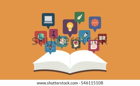 Illustration Featuring an Open Book with Icons Representing Various Topics Hovering Over It