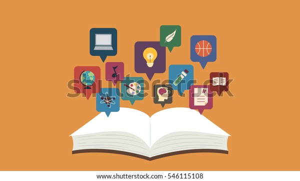 Illustration Featuring an Open Book with\
Icons Representing Various Topics Hovering Over\
It