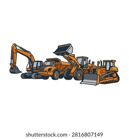 An illustration featuring an orange excavator, a dump truck, a front loader, and a bulldozer isolated on a white background