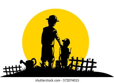 Illustration Featuring the Outline of a Farmer and His Son Working on Their Garden Until the Sunset - Generation of Farmers