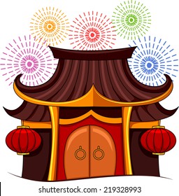 Ilustración con una pagoda con fuegos artificiales coloridos como telón de fondo