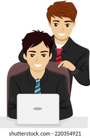Ilustração com um par de homens de negócios saindo em um notebook