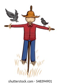 Illustration Featuring a Pair of Crows Inspecting a Scarecrow Made from Hay