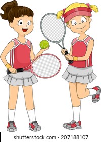 Illustration Featuring a Pair of Girls Preparing to Play Lawn Tennis Doubles 