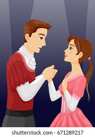 Illustration Featuring a Pair of Theater Actors Dressed Like a Prince and a Princess Holding Hands
