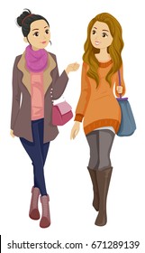 Illustration Featuring a Pair of Young Teenage Girls Wearing Fashionable Clothing Walking Side by Side