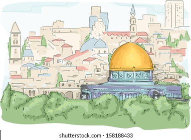 Illustration Featuring a Panoramic View of the Dome of the Rock in Jerusalem